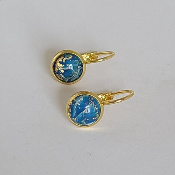 Elegant Hand Crafted Boho Blue Gold Gemstone Marble Circle Drop Dangle Earrings - Picture 6 of 14